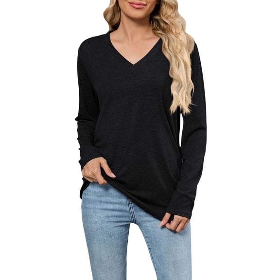 Ladies Tops, Yigetop Women's V Neck Solid Color Casual Side Elastic Loose Long Sleeve T Shirt Top Women's Long Sleeve T Shirt Womens Long Sleeve T Shirts Black M