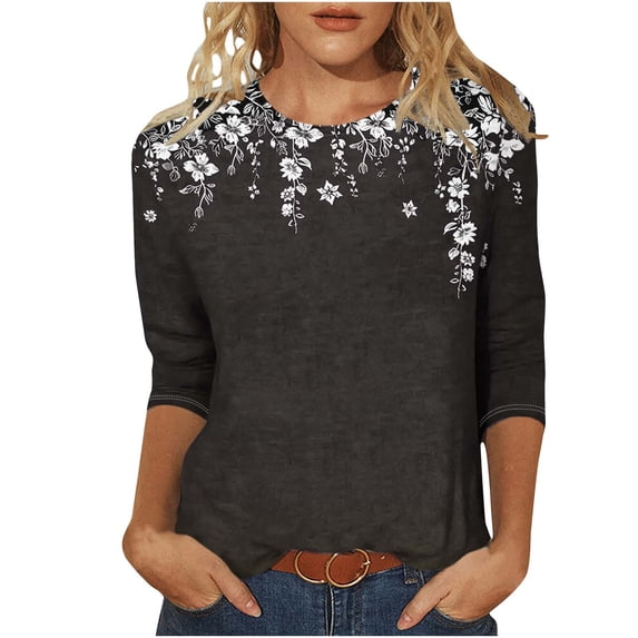 Ladies Tops and Blouses,3/4 Sleeve Tops for Women Crew Neck Outfits Print Blouses Business Work T Shirts Classic Basic Tees Casual Tunic