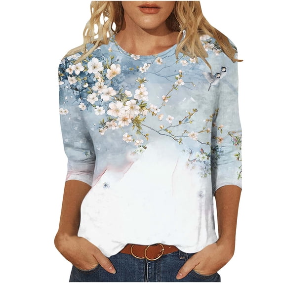 Ladies Tops and Blouses,3/4 Sleeve Tops for Women Crew Neck Outfits Print Blouses Business Work T Shirts Classic Basic Tees Casual Tunic