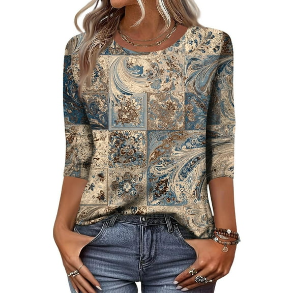 Ladies Tops and Blouses Casual Round Neck 3/4 Sleeve T Shirts for women with Abstract Patchwork Print Fashion Clothing 01-Khaki 3XL