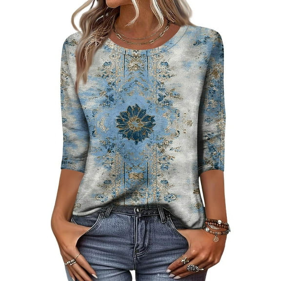 Ladies Tops and Blouses Casual Round Neck 3/4 Sleeve T Shirts for women with Abstract Patchwork Print Fashion Clothing 02-Light Blue M