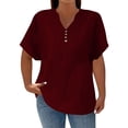 thumbnail image 1 of Ladies Tops and Blouses Casual Solid Color Button V Neck Plus Size Short Sleeve Tee Summer Tops, 1 of 5