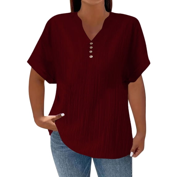 Ladies Tops and Blouses Casual Solid Color Button V Neck Plus Size Short Sleeve Tee Summer Tops