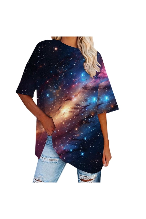 Ladies Tops and Blouses Drop Shoulder Short Sleeve Celestial Starry Sky Print Couple Shirts,Black,S