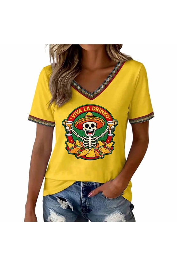 Ladies Tops and Blouses Graphic Skeleton Print Crew Neck Short Sleeve Womens Athletic Tops,Yellow,M,Yellow,M