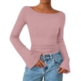 thumbnail image 1 of Ladies Tops and Blouses Long Sleeve Shirts Spring Crop Going Out Tops Casual Boat Neck Bell Sleeve Ribbed Ruched Clothes, 1 of 4