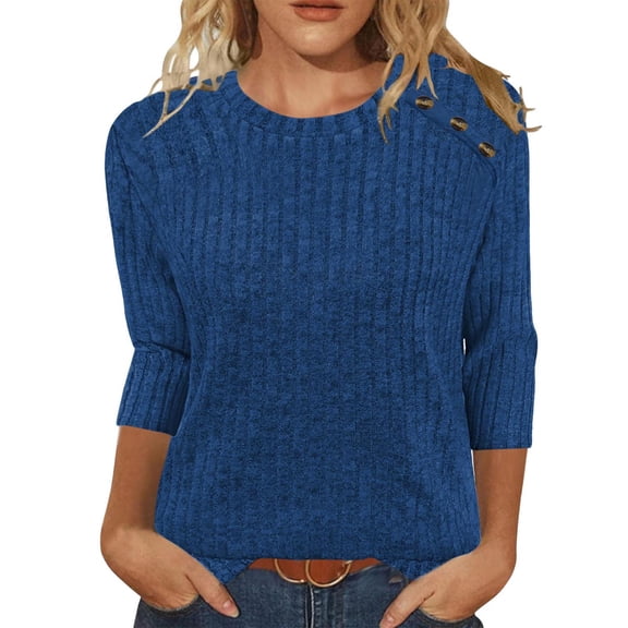 Ladies Tops and Blouses New Fashion Women's Casual Solid Color Round Neck 3/4 Sleeve T-Shirt Tops Blouse Style B-14 Blue L