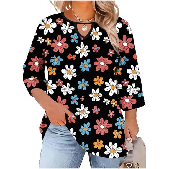 Ladies Tops and Blouses Plus Size,Womens Plus Size Tops 3/4 Length Sleeve Shirts Casual Keyhole Neck T Shirts Loose Summer Blouses