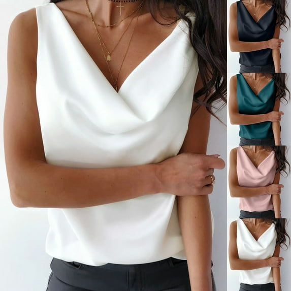 Ladies Tops and Blouses Silk Satin Tank Top Cowl Neck Sleeveless Camisole Basic Loose Shirt White Workout Casual Blouse L