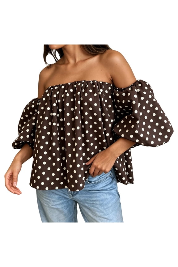 Ladies Tops and Blouses Wave Dot One Shoulder Bubble Sleeve Y2K Tops,Coffee,L