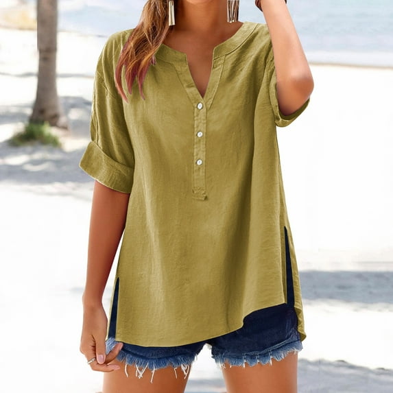 Ladies Tops and Blouses Women'S Solid Color Stand Up Collar Cotton Long Sleeved Shirt Blouse Long Sleeve T shirt Women