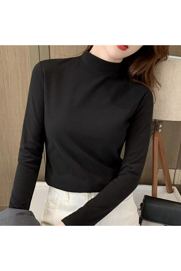 Ladies Tops and Blouses Women Slim Casual Solid Long Sleeve Mock Turtleneck Blouse Tops Slim Fit Stretchy Layer Tee Shirts Long Sleeve T shirt Women