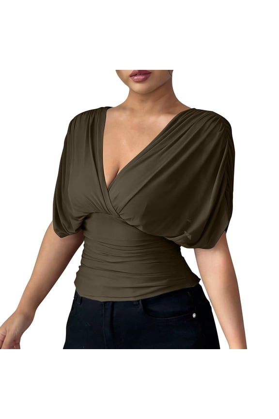 Ladies Tops and Blouses,Women Tops Summer Wrap Draped Front Blouse V Neck Ruffle Sleeve Mesh Dressy Shirt Cinched Waist Dolman Tunics