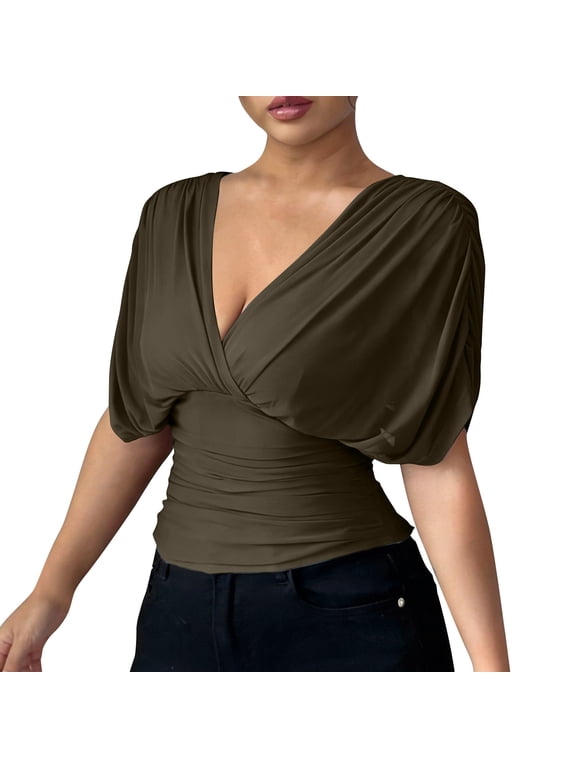 Ladies Tops and Blouses,Women Tops Summer Wrap Draped Front Blouse V Neck Ruffle Sleeve Mesh Dressy Shirt Cinched Waist Dolman Tunics