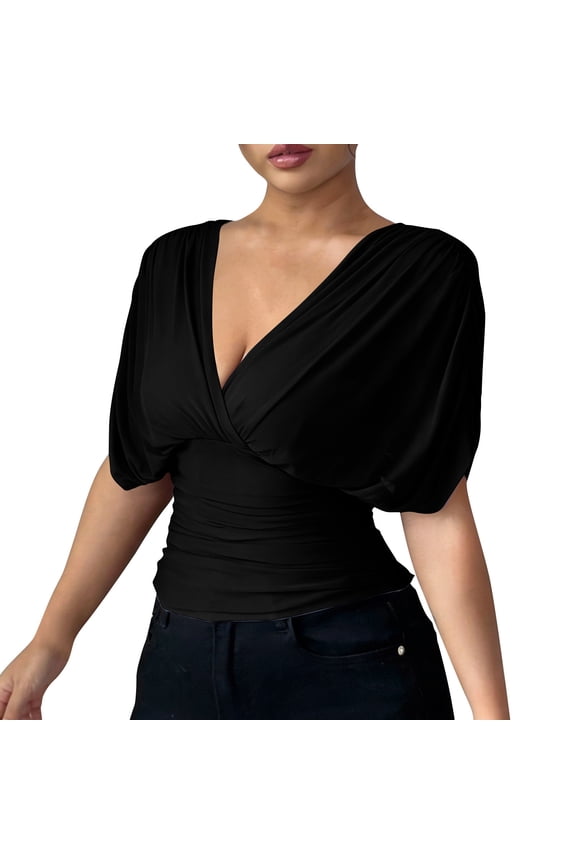Ladies Tops and Blouses,Women Tops Summer Wrap Draped Front Blouse V Neck Ruffle Sleeve Mesh Dressy Shirt Cinched Waist Dolman Tunics
