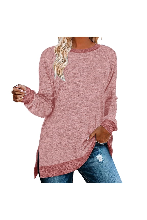 Ladies Tops and Blouses Women's Clothing Long Sleeve Round Neck Split Top Loose Casual Pullover Top Shirt Long Sleeve T shirt Women