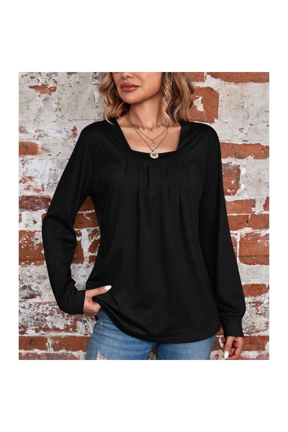 Ladies Tops and Blouses Women's Long Sleeve Square Neck Pleated Puffy Sleeve Top Loose Casual Solid Color T Shirt Long Sleeve T shirt Women