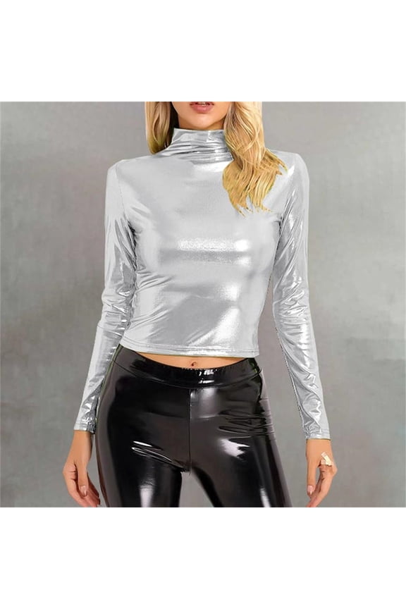 Ladies Tops and Blouses Women's Metallic Liquid Mock Neck Turtleneck Crop Top Long Sleeve/Sleeveless Tank Top T Shirt Long Sleeve T shirt Women