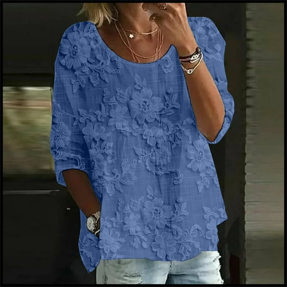 Ladies Tops and Blouses Women's Print T Shirt Half Sleeved Round Neck Shirt 3/4 Sleeved T Shirt Loose Large Size T Shirt Long Sleeve T shirt Women