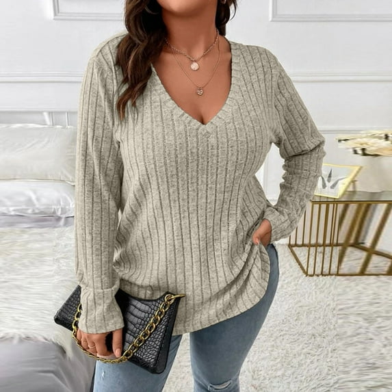 Ladies Tops and Blouses Women's Solid Colour V Neck Knit Long Sleeve Pitted Stripe Brushed Pullover Top Long Sleeve T shirt Women