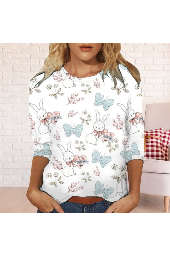 Ladies Tops and Blouses Women's Spring Easter Bunny Easter Egg Round Neck Loose Casual Seven Sleeve Top Long Sleeve T shirt Women