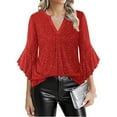 thumbnail image 1 of Ladies Tops and Blouses,Womens V-Neck Solid Color Sparkle Mesh Top 3/4 Sleeve Gold Foil Breathable Party Gathering Evening Cocktail Wear Red S, 1 of 7