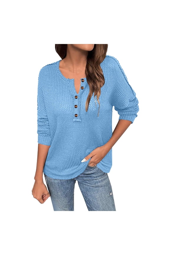 Ladies Tops and Blouses Womens Waffles Knit Pullover Tops, Dressy Casual Button V-Neck Shirts, Long Sleeve Blouses Fall Basic Tunic Tee Blue XL