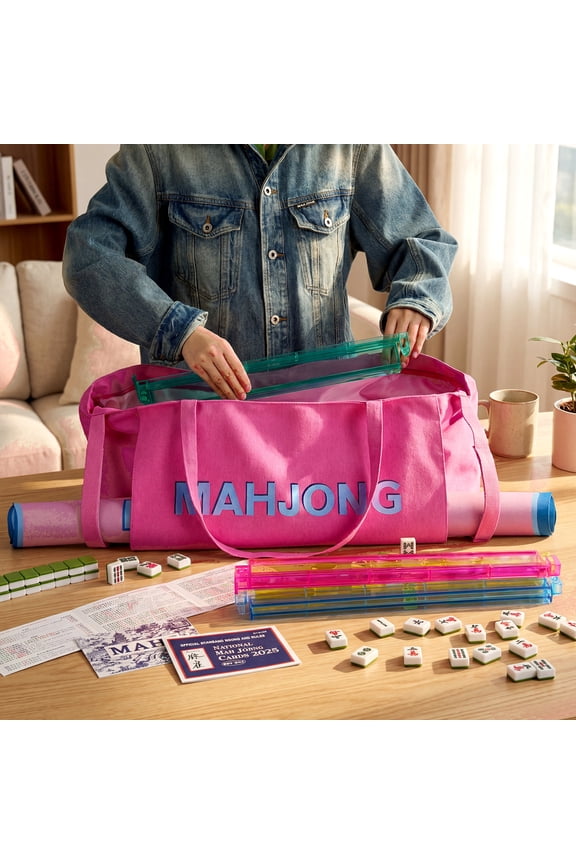 Ladies' Tote Bag 28x9 Inches Mahjong Bag for Rolled Mat Tiles Racks Pushers Accessories Empty Mahjong Tote Bag with Zipper Closure Outer Pockets Lining Large Capacity(Pink)