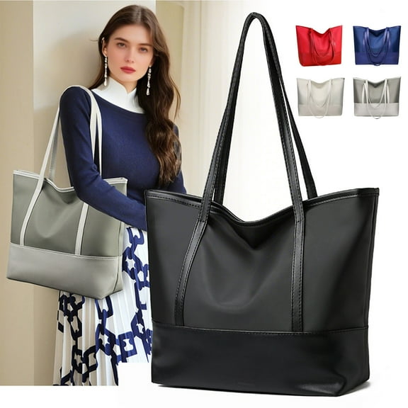 Ladies Tote Bag Large Capacity Shoulder Handbag Oxford Cloth and Soft Leather White Black Red Gray Blue 40x28x11cm 1 Pc