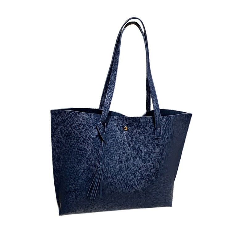 Ladies Tote Bags Simple PU Leather Top Handle Handbags Work School Shopping Bags for Women with Zip and Inner Pocket Blue