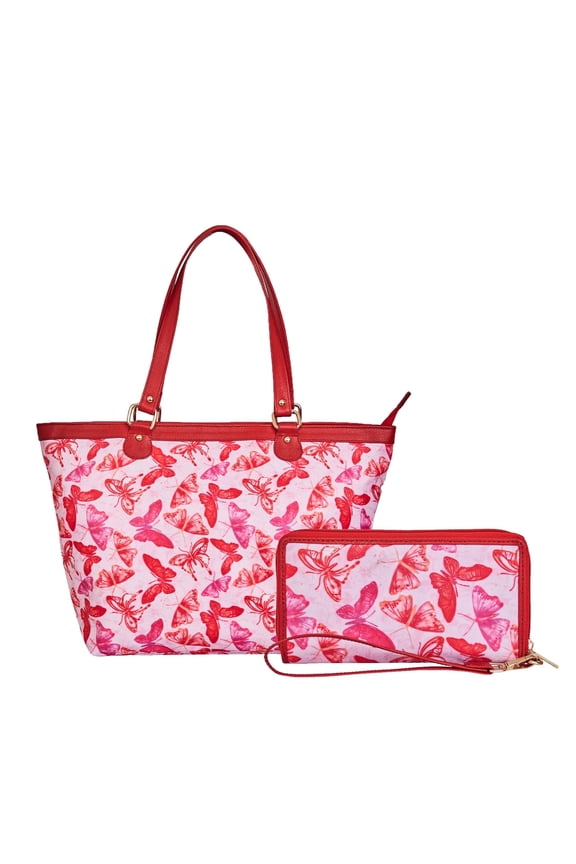 Womens Hand Crafted Printed Nylon & Leather Tote Bag with Matching Wristlet Wallet Elegant Shoulder Handbag Set