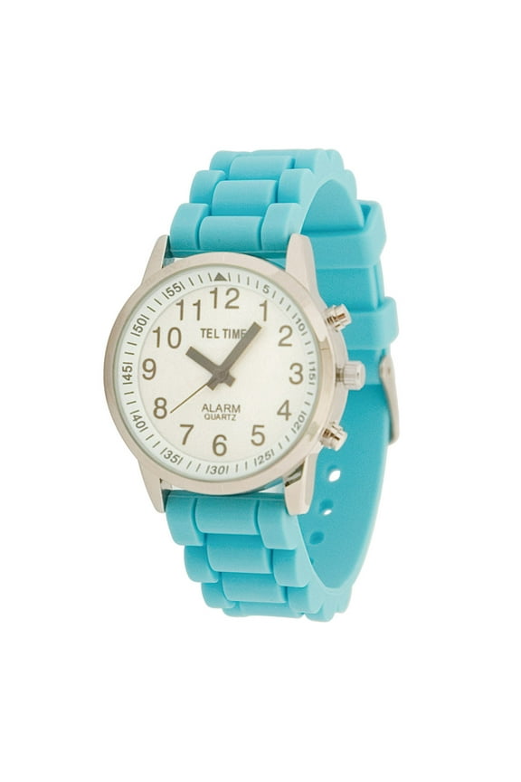 Ladies Touch Talking Watch- Large Face- Aqua Rubber Band- Spanish