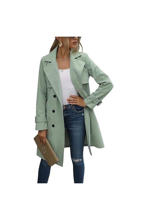 Ladies Trench Coat Double Breasted Long Coat Classic Autumn Spring Jacket Windproof Coat(L)