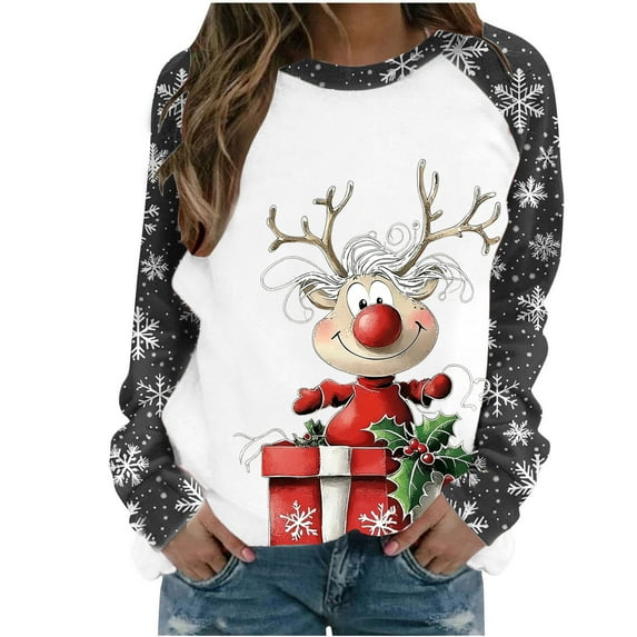 Ladies' Trendy Christmas Printed Pullover - Raglan Long Sleeve Sweatshirt, Reindeer Gift Shining Star Graphic, Slim-Fit Shirts Top for Fashion-Forward Autumn Outfits
