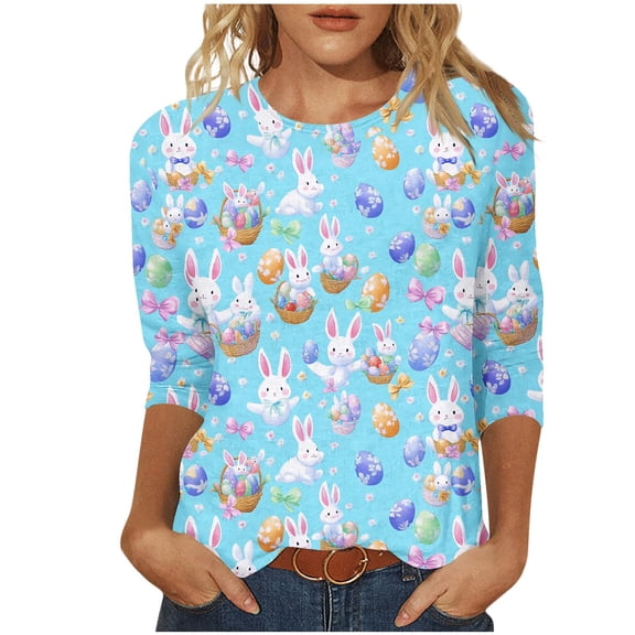 Ladies Trendy Easter Bunny Blouse 3/4 Sleeve Tshirts Rabbit Design Top Crewneck Outfits