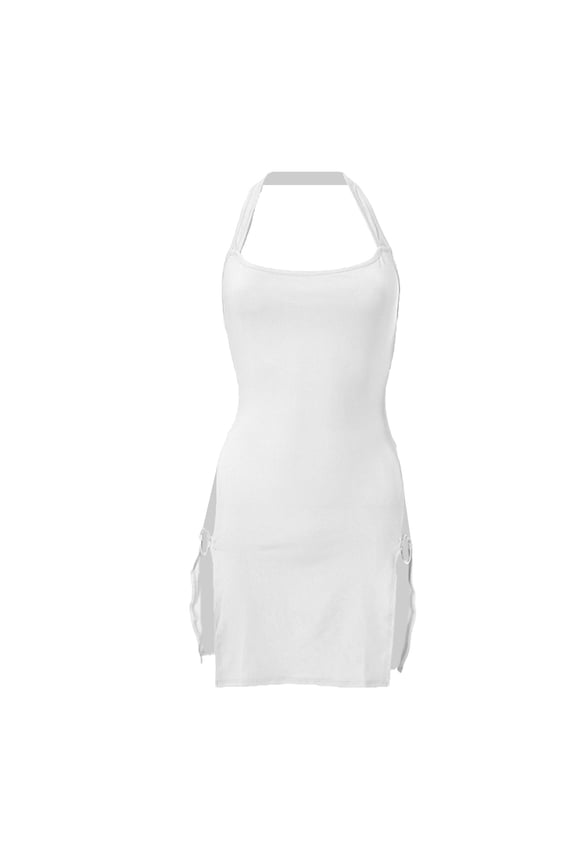 Ladies Trendy Halterneck Bodycon Short Dress with Backless Side High Slit Hollowed Out Dresses for Nightclub Evening