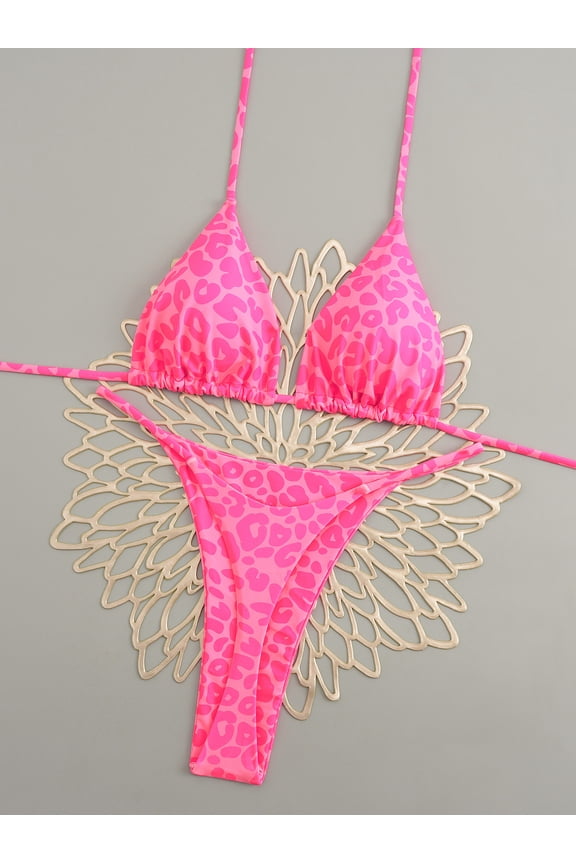Ladies Tropical Print String Bikini Two Piece Swimsuit Thin Halter Strap Triangle Top Side Tie High Cut Bikini Bottom Leopard Pineapple Floral Bathing Suit For Poolside Travel S M L