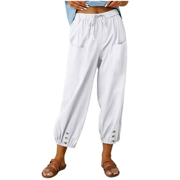 Ladies Trouser Pants with Pockets Cotton Linen Elastic Waist Solid Comfy Loose Summer Beach Pants (XL,White)