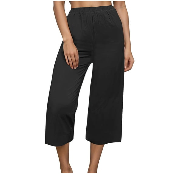 Ladies Trousers Elasticated Waist Cotton Linen Slacks Trendy Plus Size Pants Oversized Straight Leg Trousers Wide Leg Slacks Solid Color Pants Plus Size Trousers Black Friday Savings
