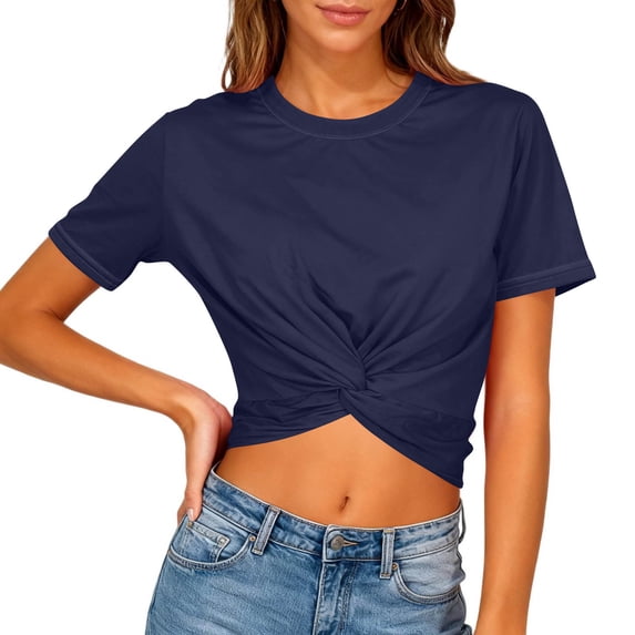Ladies Tunic Tee Tops Women's Summer Causal Cropped Tops Solid Color Short Sleeve T-Shirt Fashion Workout Tee Shirt Navy XL