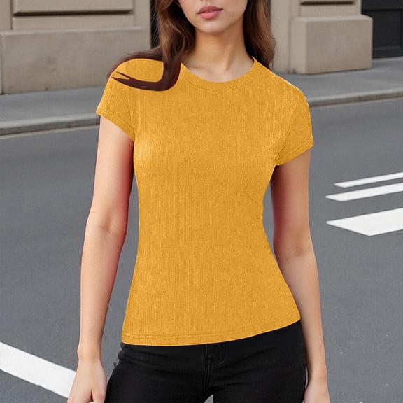 Ladies Tunic Tee Women's Slim Fitting Crew Neck T-Shirt Ribbed Basic Short Sleeve Summer T Shirt Classic Tee Tops Yellow L
