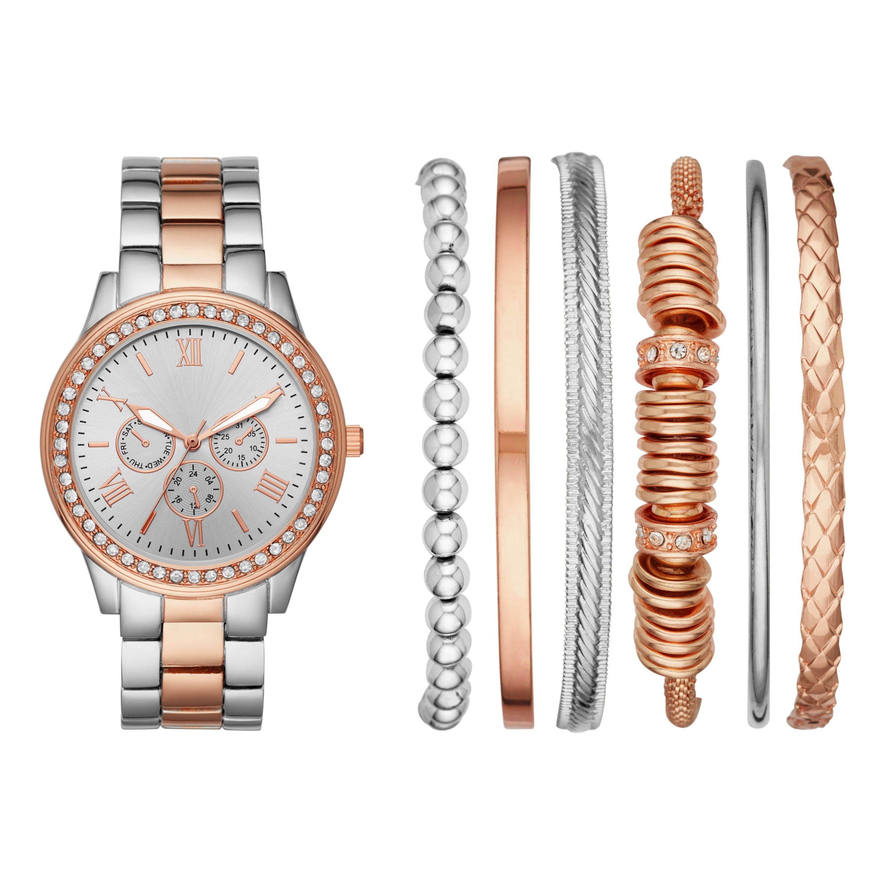 Ladies' Two-Tone Rose Gold and Silver Watch and Bracelet Gift Set ...