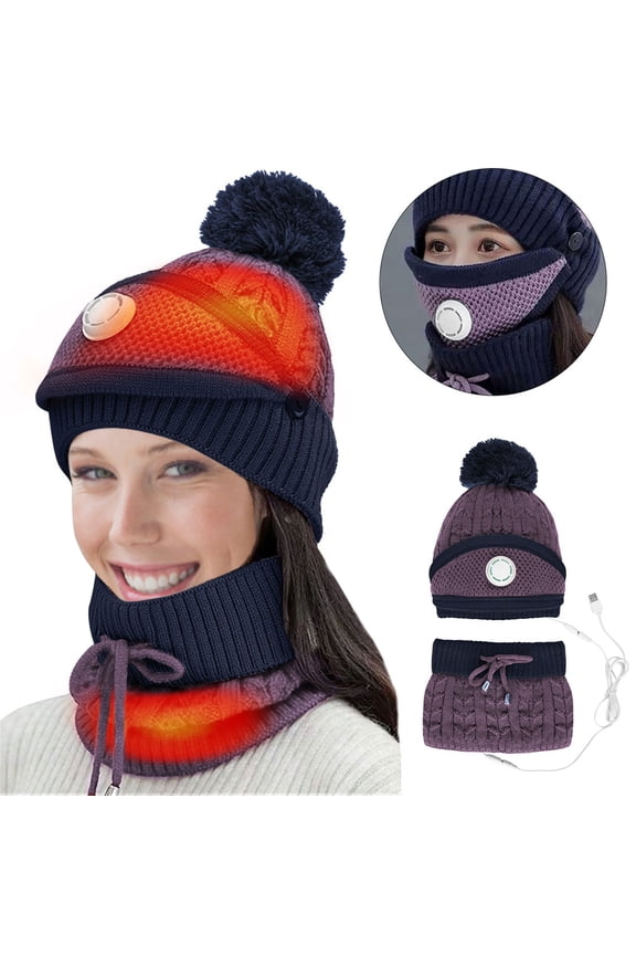 Ladies USB Heated Hat and Scarf Set, Electric Heating Knit Winter Beanie and Neck Warmer, USB Powered Heating Scarf Hat Set for Women, Winter Wear for Cold Weather, Gift for Her - Purple