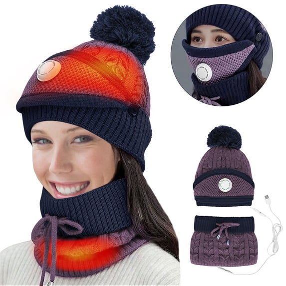Ladies USB Heated Hat and Scarf Set, Electric Heating Knit Winter Beanie and Neck Warmer, USB Powered Heating Scarf Hat Set for Women, Winter Wear for Cold Weather, Gift for Her - Purple