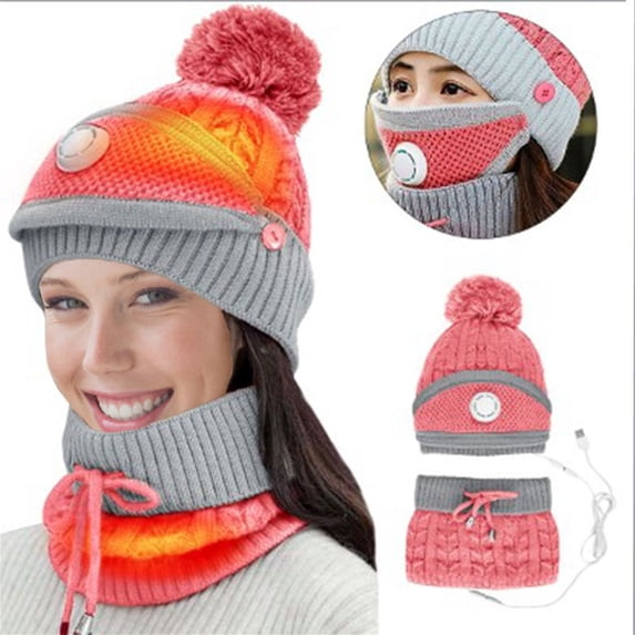 Ladies USB Heated Hat and Scarf Set, Electric Heating Knit Winter Beanie and Neck Warmer, USB Powered Heating Scarf Hat Set for Women, Winter Wear for Cold Weather, Gift for Her - Pink