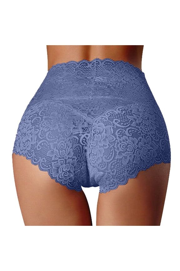 Ladies Underwear Panties - High Waist Underwear Women's Thin Hollow Lace Ladies Panties Pure Crotch Large Size Belly Briefs, Seamless Underwear for Women,Color: Light Blue Size: M