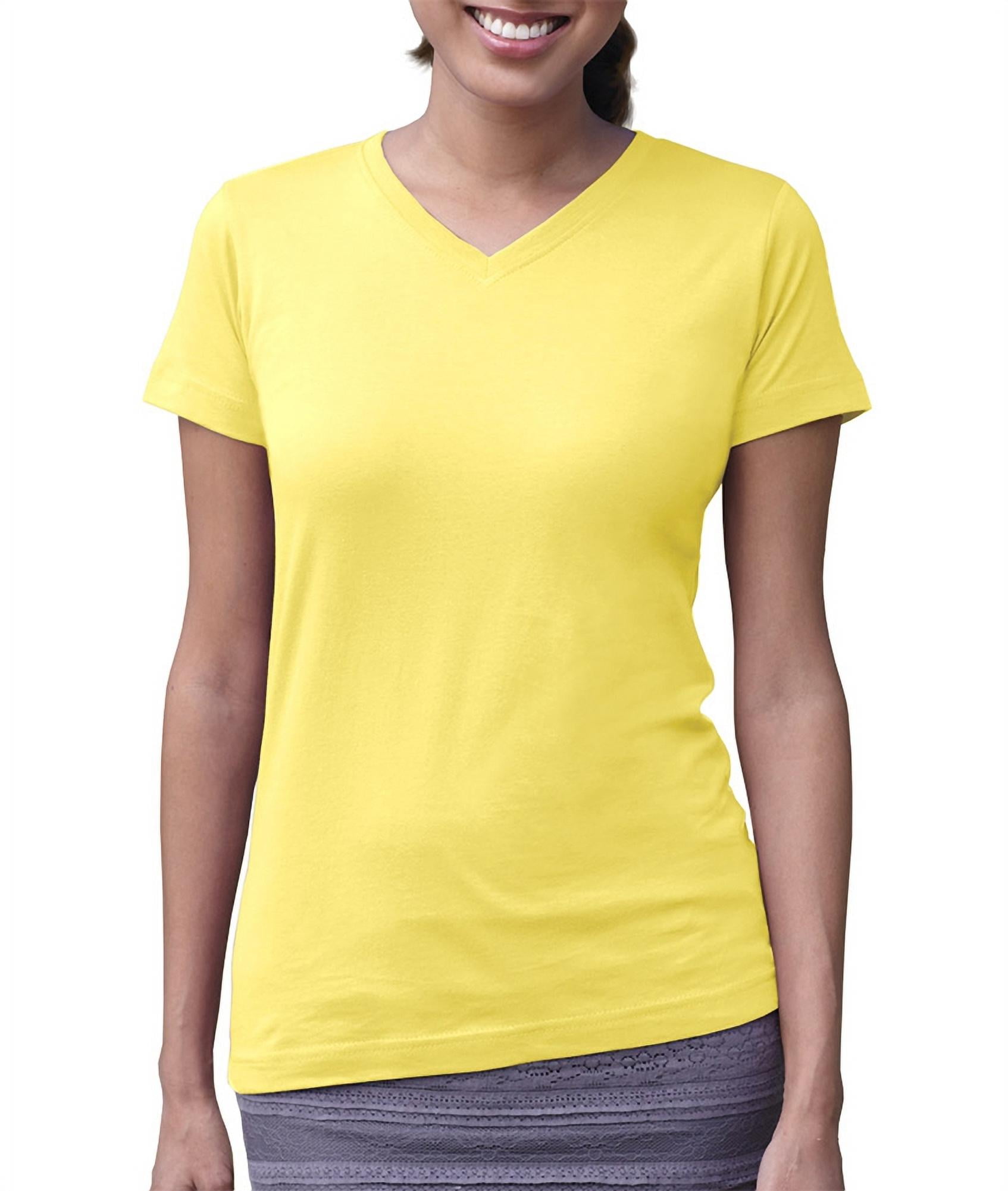 Ladies' V-Neck Fine Jersey Tee Shirt, YELLOW, 2XL, 100