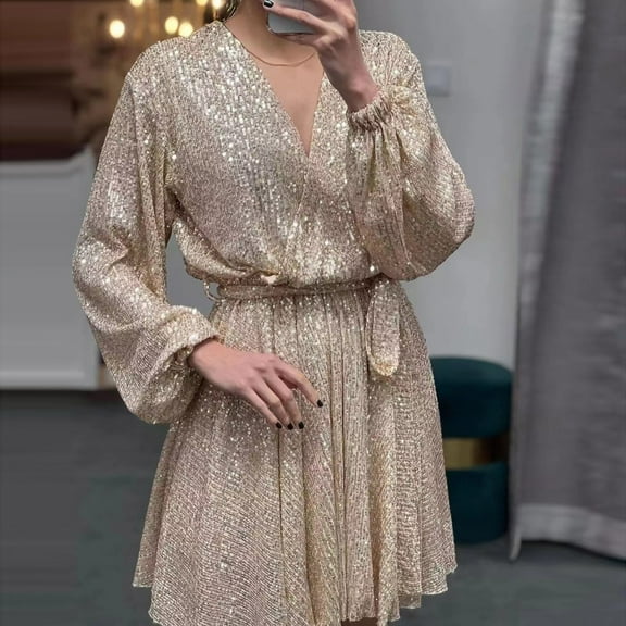 Ladies V Neck Sequin Sequin Long Sleeve Casual Fashion Dress Dress Holiday Dresses for Women Formal Lace Evening Dresses for Women Formal Side Sleeve Dress Formal Evening Dress Dress Evening Wedding