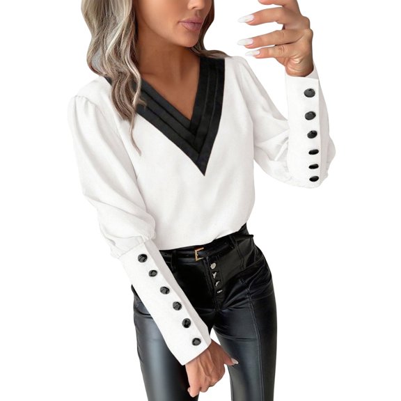 Ladies V-Neck Shirts Trendy Balloon Sleeve Top with Button Tighten Cuff Trimmed Neck Pullovers Loose Tunic Fashionable Tops Casual Blouses 2025 Soft Clothing