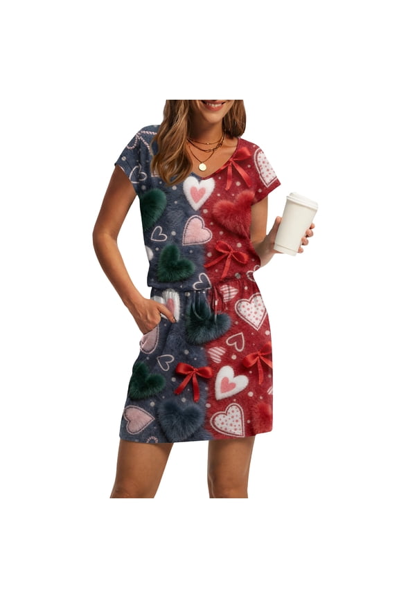 Ladies V Neck Short Sleeve Casual Dress with Drawstring Waist Pockets Valentine Heart Pattern Soft Fabric Comfortable Loungewear for Women Home Relaxing, Sizes s-2xl
